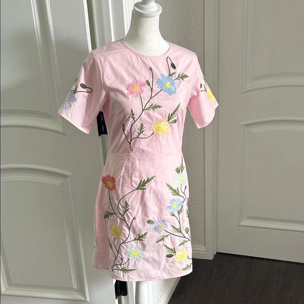 Fanm Mon Pink Floral Embroidered Mini Dress